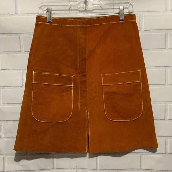 Vintage 60's-70's Sz 11 Brown A-line Suede Leather Skirt W/Pockets Hippie Boho - Picture 2 of 13